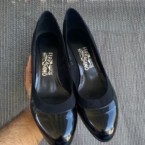 Salvatore Ferragamo Black Patent Leather Almond Toe Semi Wedge Ballet Flat Pump